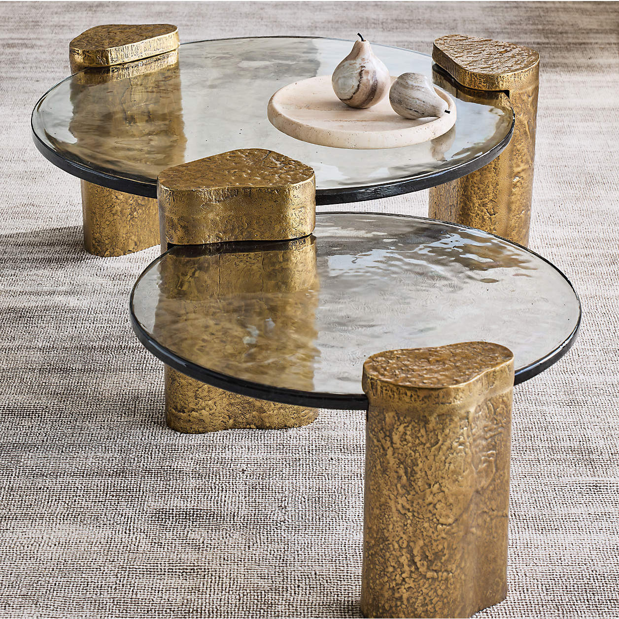 Alchemy Burnished Brass and Cast Glass 60" Tiered Round Coffee Table + Reviews | Crate & Barrel | Crate & Barrel