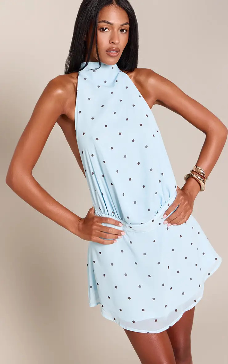 Baby Blue Polka Dot High Neck Floaty Mini Dress | PrettyLittleThing UK