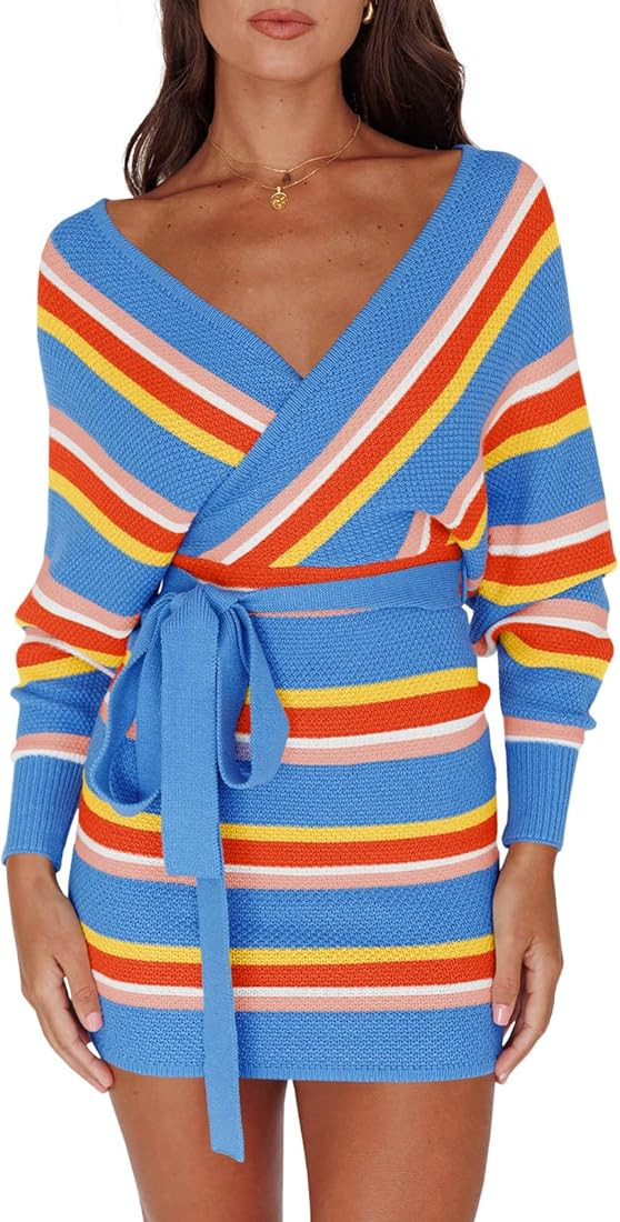 Saodimallsu Womens Long Batwing Sleeve Sweater Dress Wrap V Neck Backless Bodycon Striped Knit Mi... | Amazon (US)