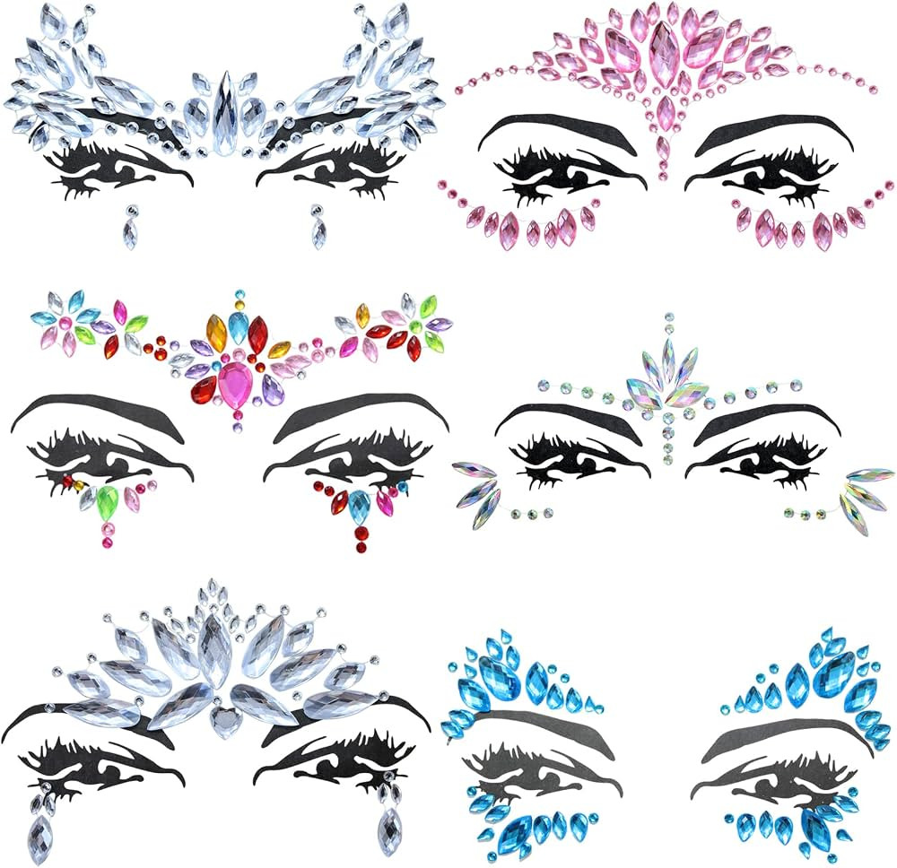 6 Sheets Face Jewels Face Gems Stick On, Self Adhesive Rhinestones for Makeup Rave Accessories fo... | Amazon (US)