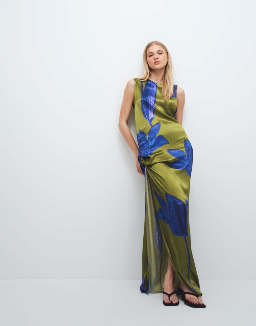 Topshop satin sleeveless knot side maxi dress in green and blue floral-Multi | ASOS (Global)