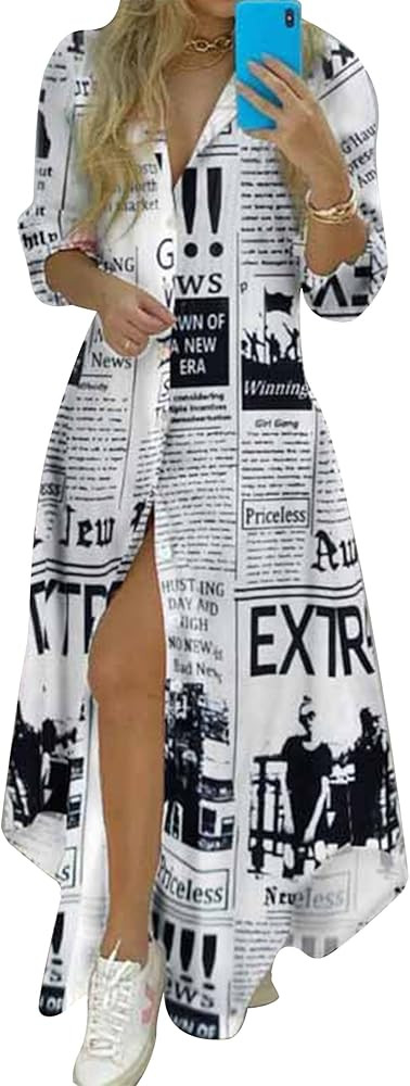 YMING Womens Long Sleeve Button Down Shirt Dresses Casual Floral Print Maxi Dress Loose Fit Split... | Amazon (US)