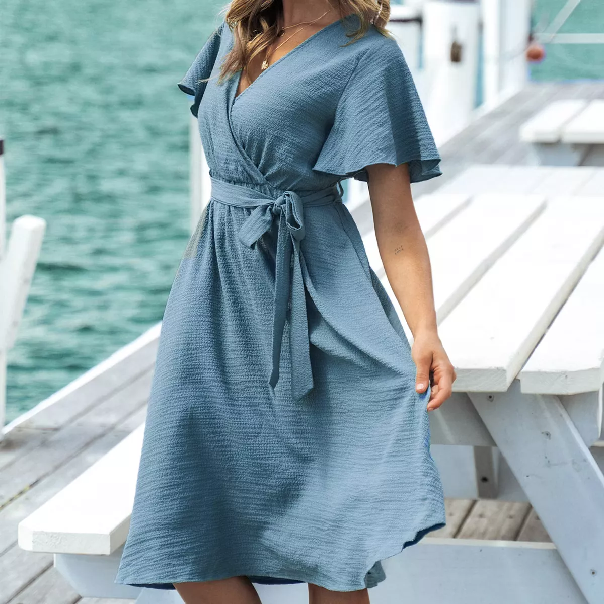 Women's Belted Short Sleeve Wrap Dress - Cupshe-S-Green