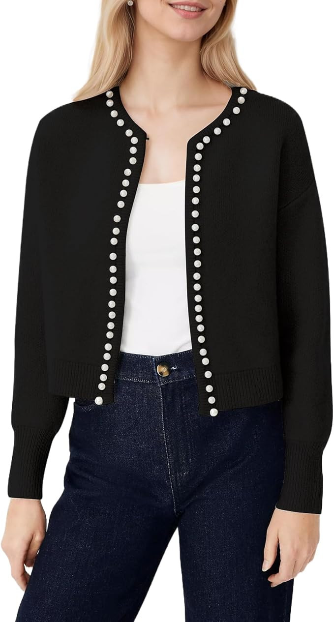 Kedera Women's Open Front Cardigan Sweater Long Sleeve Pearl Trim Cropped Sweater Embellished Kni... | Amazon (US)