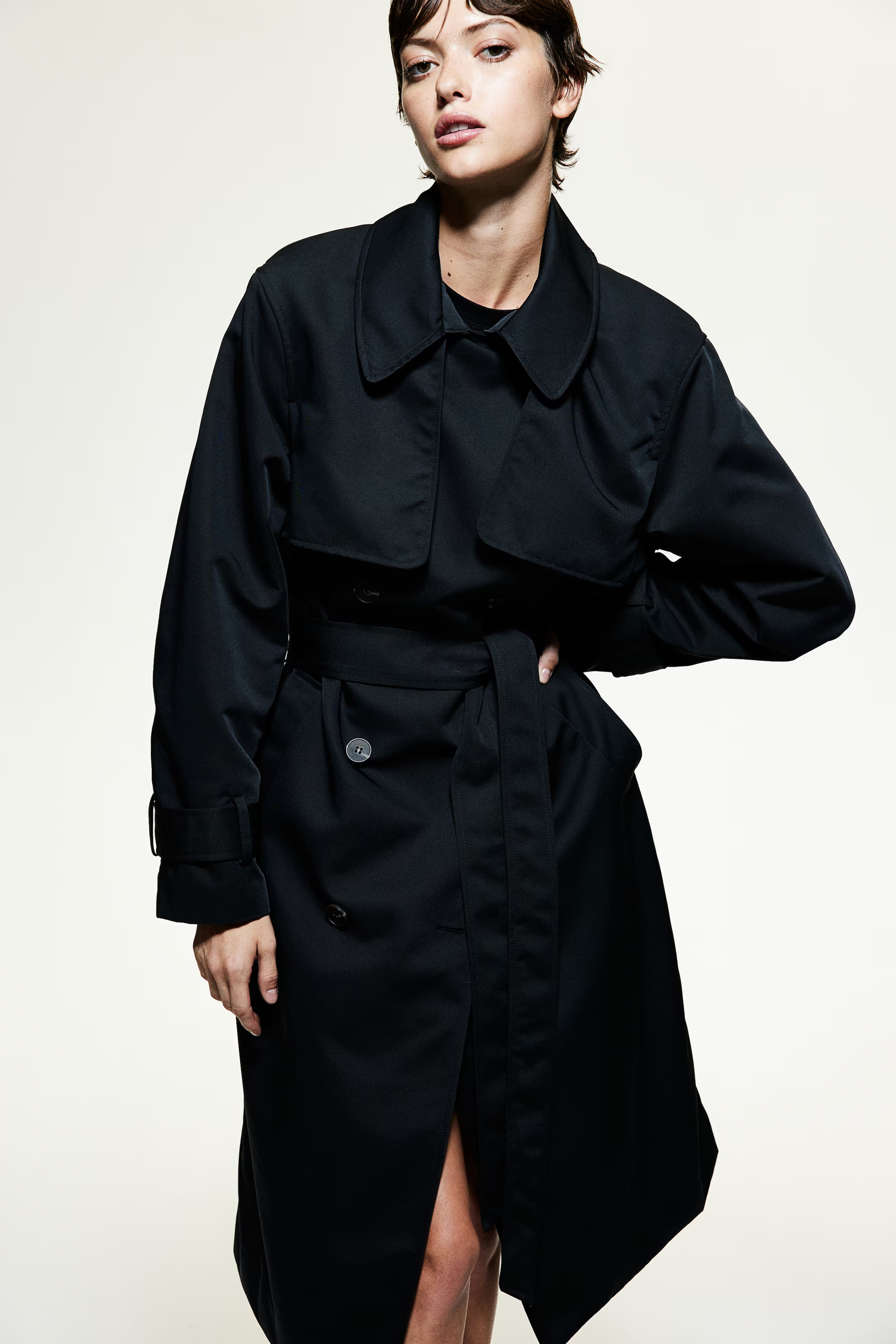 Double-breasted Twill Trench Coat - Long sleeve - Long - Black - Ladies | H&M US | H&M (US + CA)