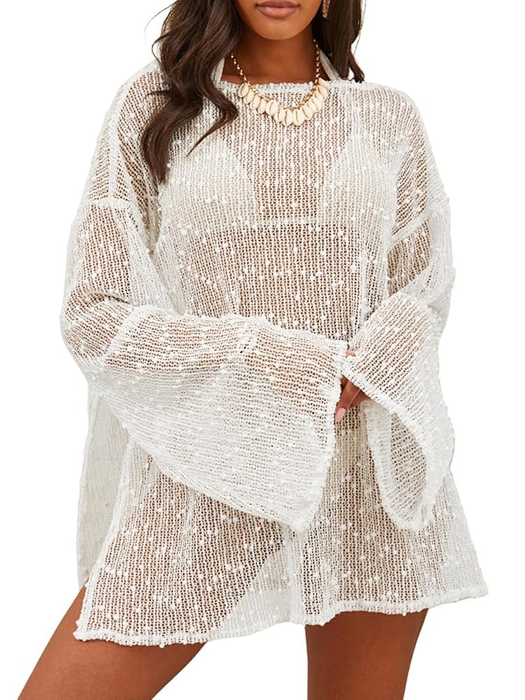 Lilosy Sexy Crochet Sheer Kaftan Caftan Beach Dress Bathing Suit Swim Coverup One Piece | Amazon (US)