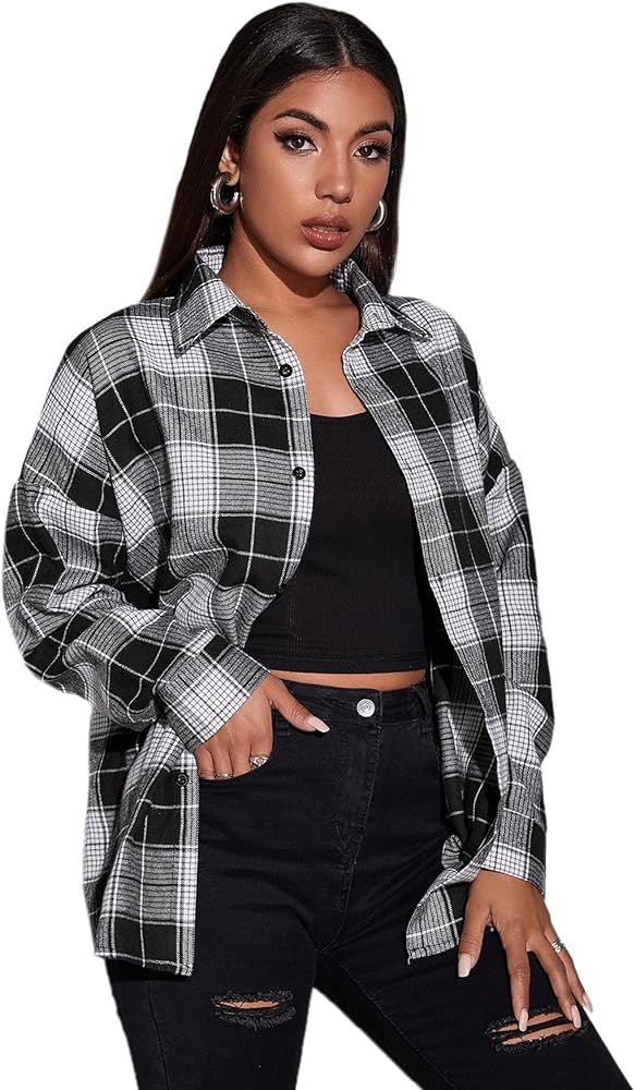 Floerns Women's Plaid Shirts Long Sleeve Curved Button Down Shirts Blouse Tops | Amazon (US)