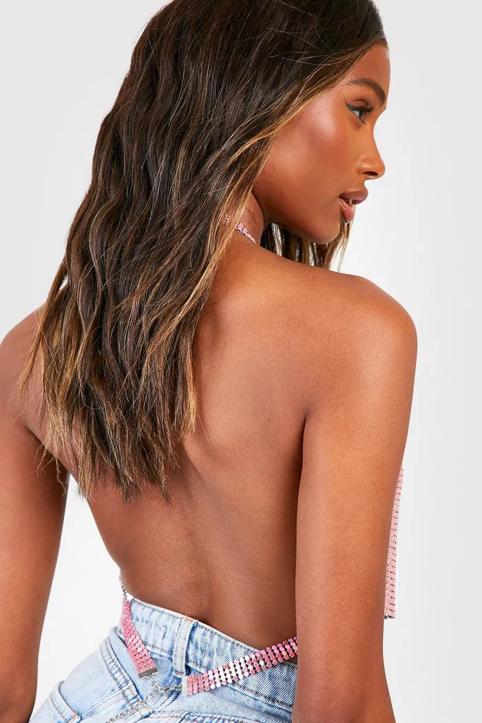 Pink Cowl Neck Chainmail Crop Top | Boohoo.com (UK & IE)