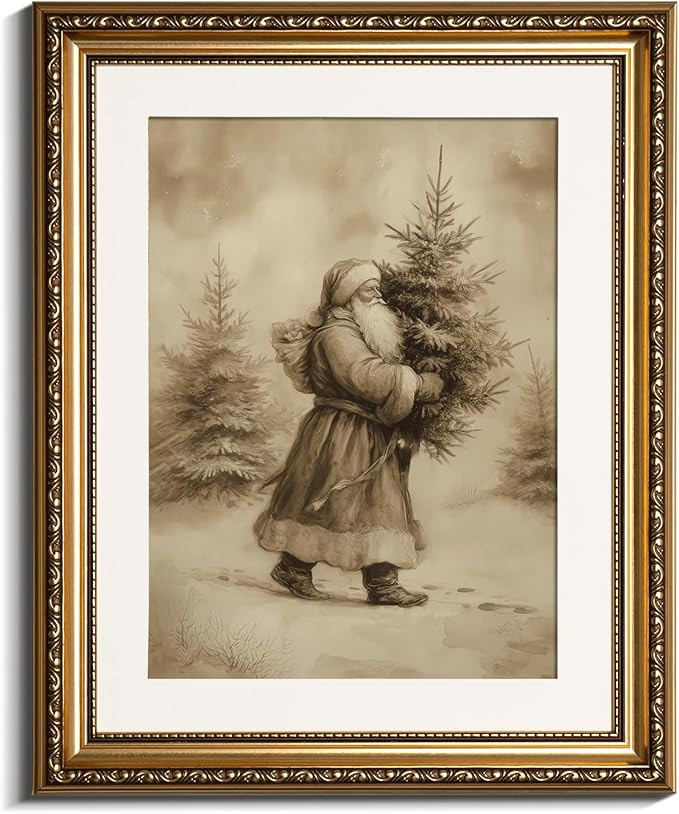 VIYYIEA Gold Framed Wall Hanging, Santa Claus Giving a Christmas Tree, Vintage Rustic Santa Claus... | Amazon (US)