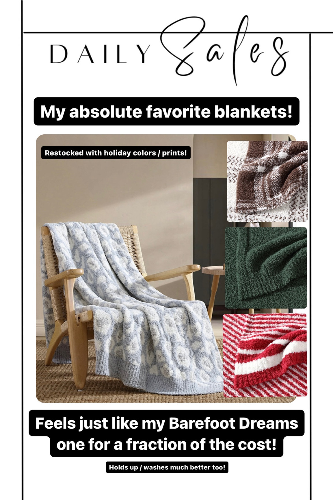 My absolute favorite throw blanket is restocked with holiday / colors and prints!!

These feel just like Barefoot Dreams at a fraction of the cost! Less than $20!!

They wash and last so well!!

They make great gifts, too!!

#LTKGiftGuide #LTKhome #LTKHoliday