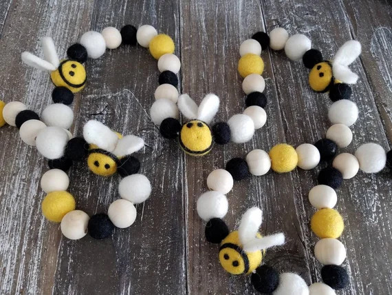 Bee Garland. Bumblebee garland. Felt ball Garland. Birthday banner. Wood bead garland. Bee decora... | Etsy (US)