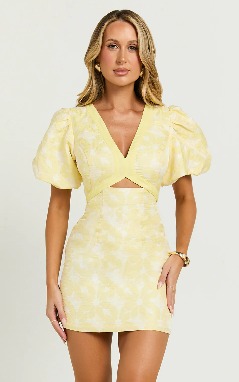 Diana Mini Dress - Jacquard Short Sleeve Cut Out Dress in Lemon | Showpo (US, UK & Europe)
