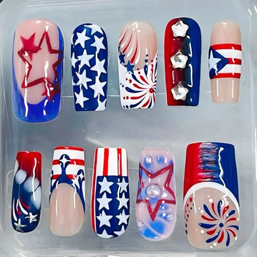 24Pcs 4th of July Press on Nails Medium Square French Tip Fake Nails with Star Rhinestone Design Independence Day False Nails Patriotic Flag Star Glue on Nails for Women Holiday Acrylic Nails | Amazon (US)