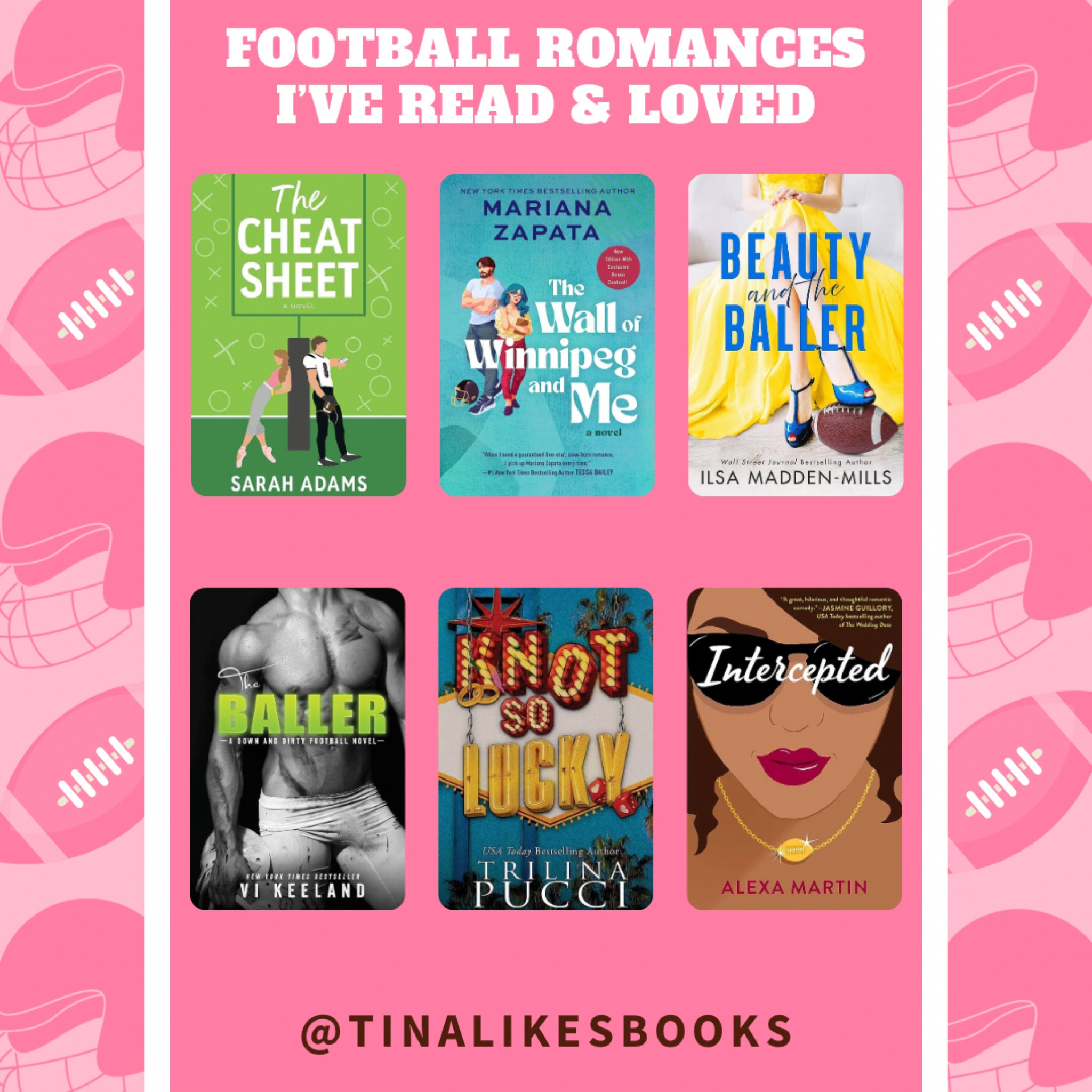 Football romances that I have read and loved! 

#tinalikesbooks #bookstagram #booksbooksbooks #bookstagrammer #booktok #bookinfluencer #bookfluencer #bookreviews #bookreviewer #romancebooklover #bookaesthetic #pinkaesthetic #LTKbooks 

#LTKGiftGuide #LTKSale #LTKSeasonal