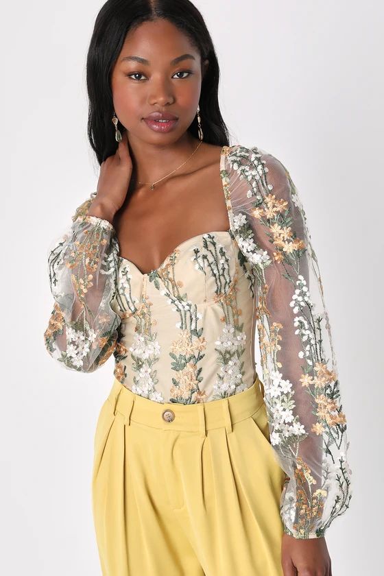 Essence of Elegance Beige Embroidered Long Sleeve Bodysuit | Lulus