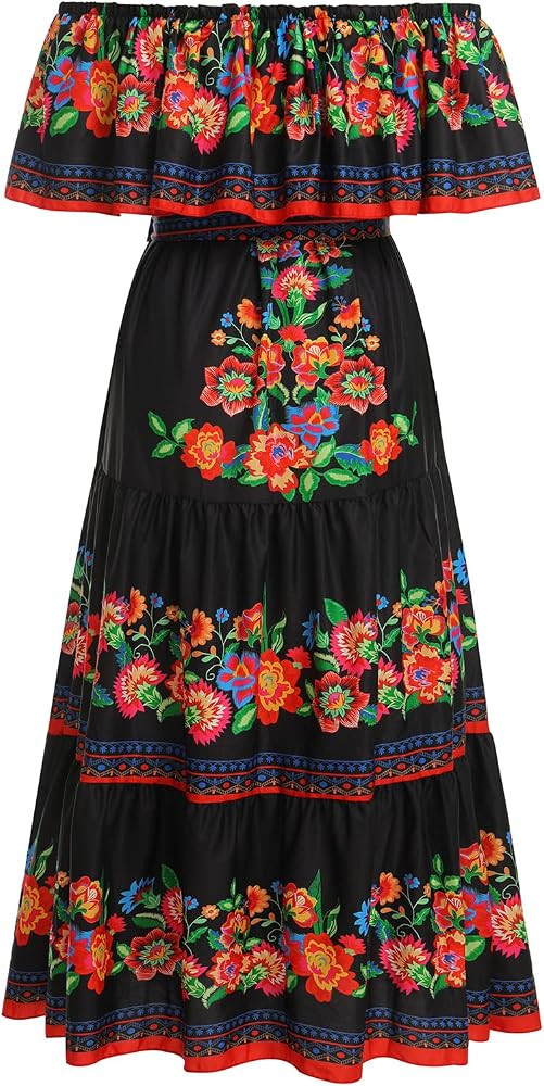 OBEEII Mexican Dress for Women Off Shoulder Floral Summer Maxi Dress Fiesta Casual Sundress | Amazon (US)