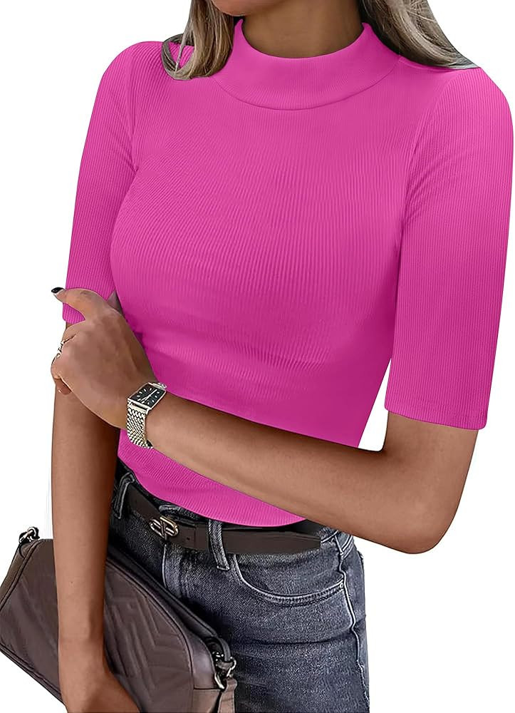 ANRABESS Womens Basic Ribbed Tee, Mock Neck Half Sleeve, Soft Comfort for Office & Casual Outings... | Amazon (US)