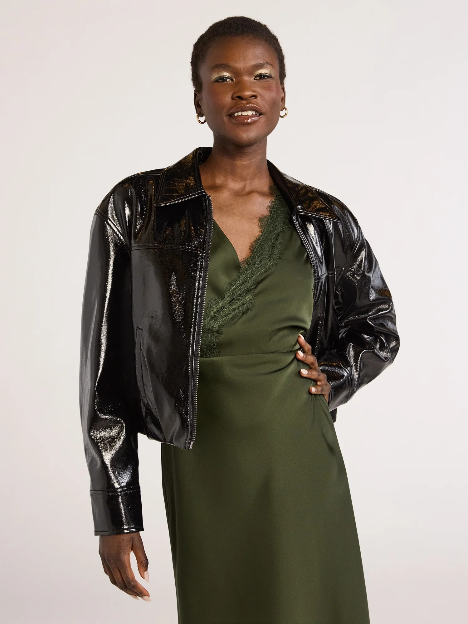 Scoop Women's Crinkle Faux Leather Cropped Bomber Jacket XS-XXL | Walmart (US)