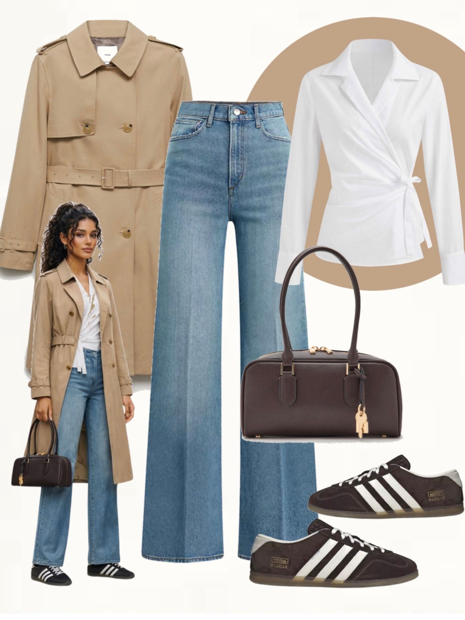 Classic beige trench paired with a white wrap shirt, medium blue straight-leg jeans, dark brown Adidas sneakers, and a structured dark brown top-handle bag.
#streetstyle #effortlessstyle #denimlook

#LTKOver40 #LTKSeasonal #LTKootd