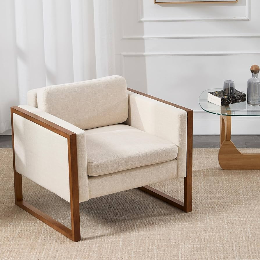 Beige Accent Chair French Country Linen Seat Single Club Armchair with Brushed Legs Farmhouse Uph... | Amazon (US)