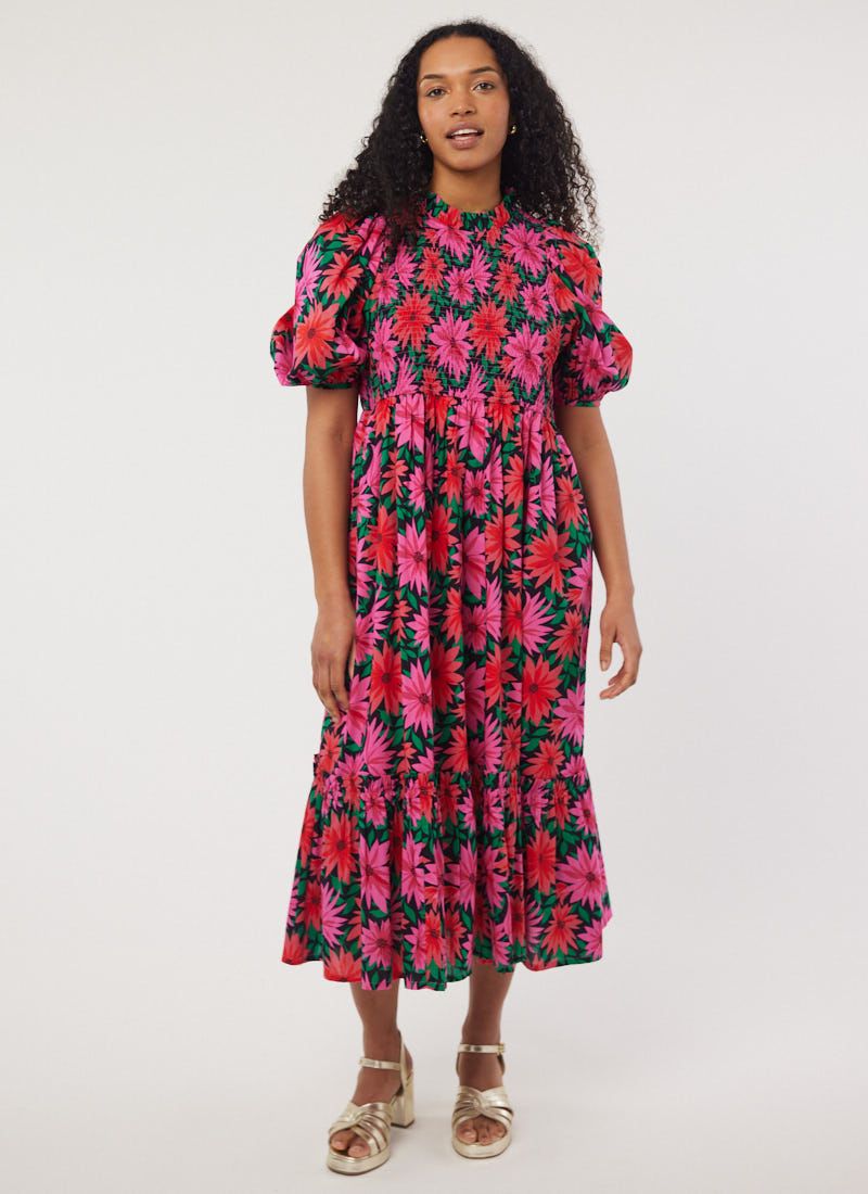 Priya Dahlia Floral Print Puff Sleeve Midi Dress | Joanie