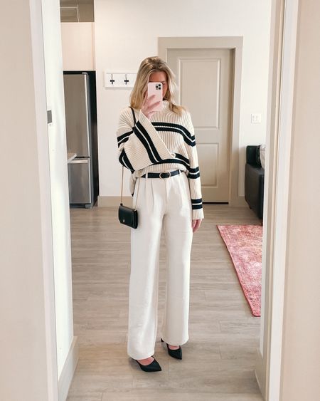OOTD: Spring workwear outfit idea for 2023🖤

Ft: Abercrombie white straight pants (27L) striped sweater (s), and black kitten heels (true to size). 

Perfect for interviews, business casual outfits, womens workwear 
#officeoutfit #womensworkwear #capsulewardrobe #womensworkwear #basics 

#LTKSeasonal #LTKFind #LTKworkwear
