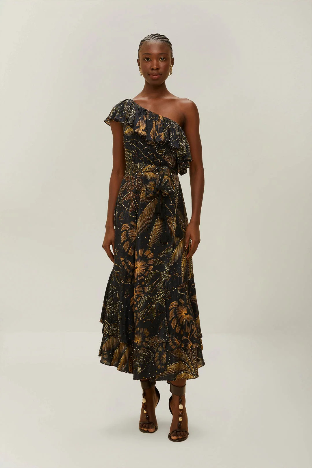 Black Golden Foliage One-Shoulder Maxi Dress | FarmRio (US)