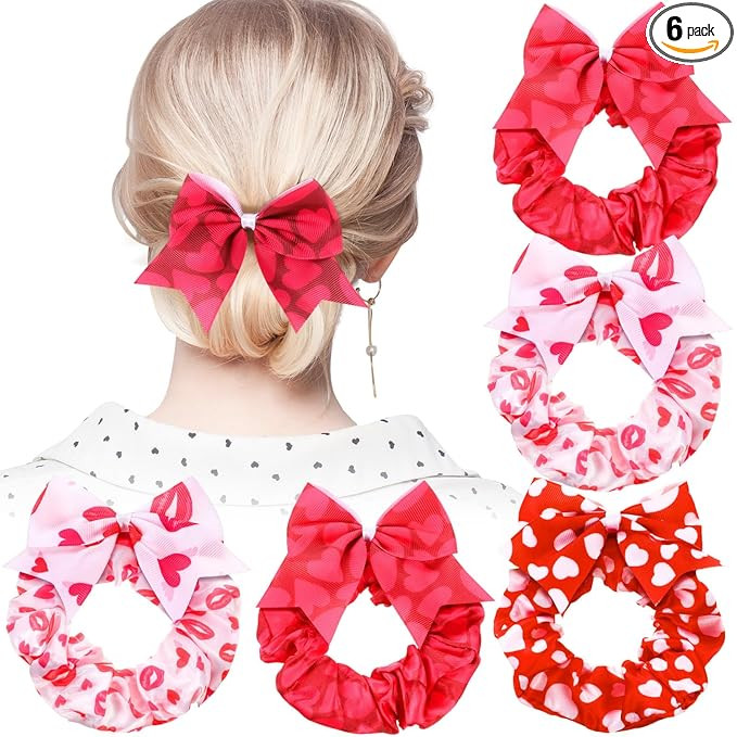 6 Pcs Valentine‘s Day Bow Hair Scrunchies Pink Red Heart Design Hair Ties Scrunchy Elastics Ban... | Amazon (US)