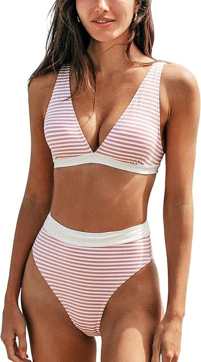 CUPSHE Women's High Waisted Stripe Bikini Pink Two Piece Bathing Suit | Amazon (US)