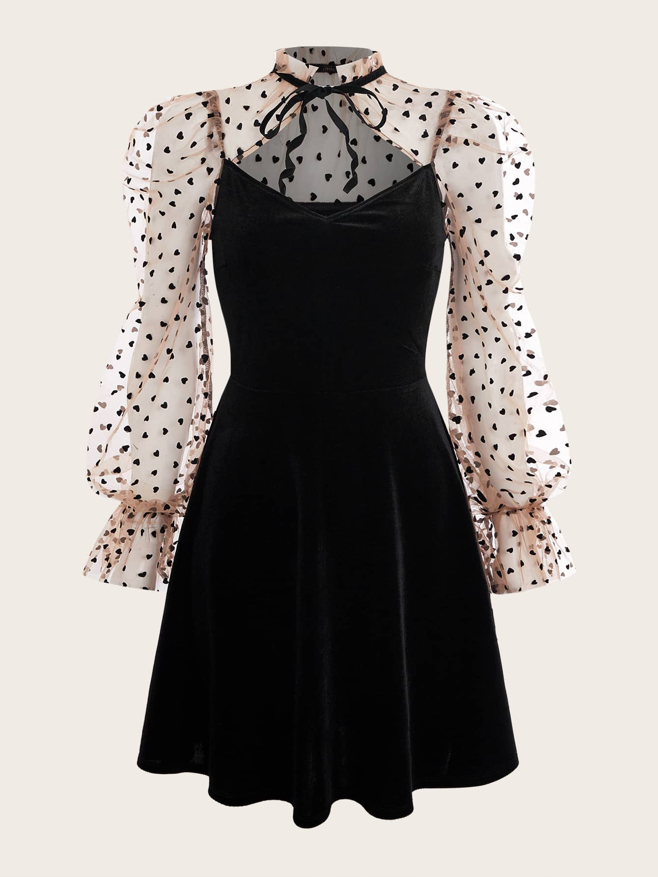 SHEIN MOD Colorblock Heart Print Tie Neck Flounce Sleeve Velvet Dress | SHEIN