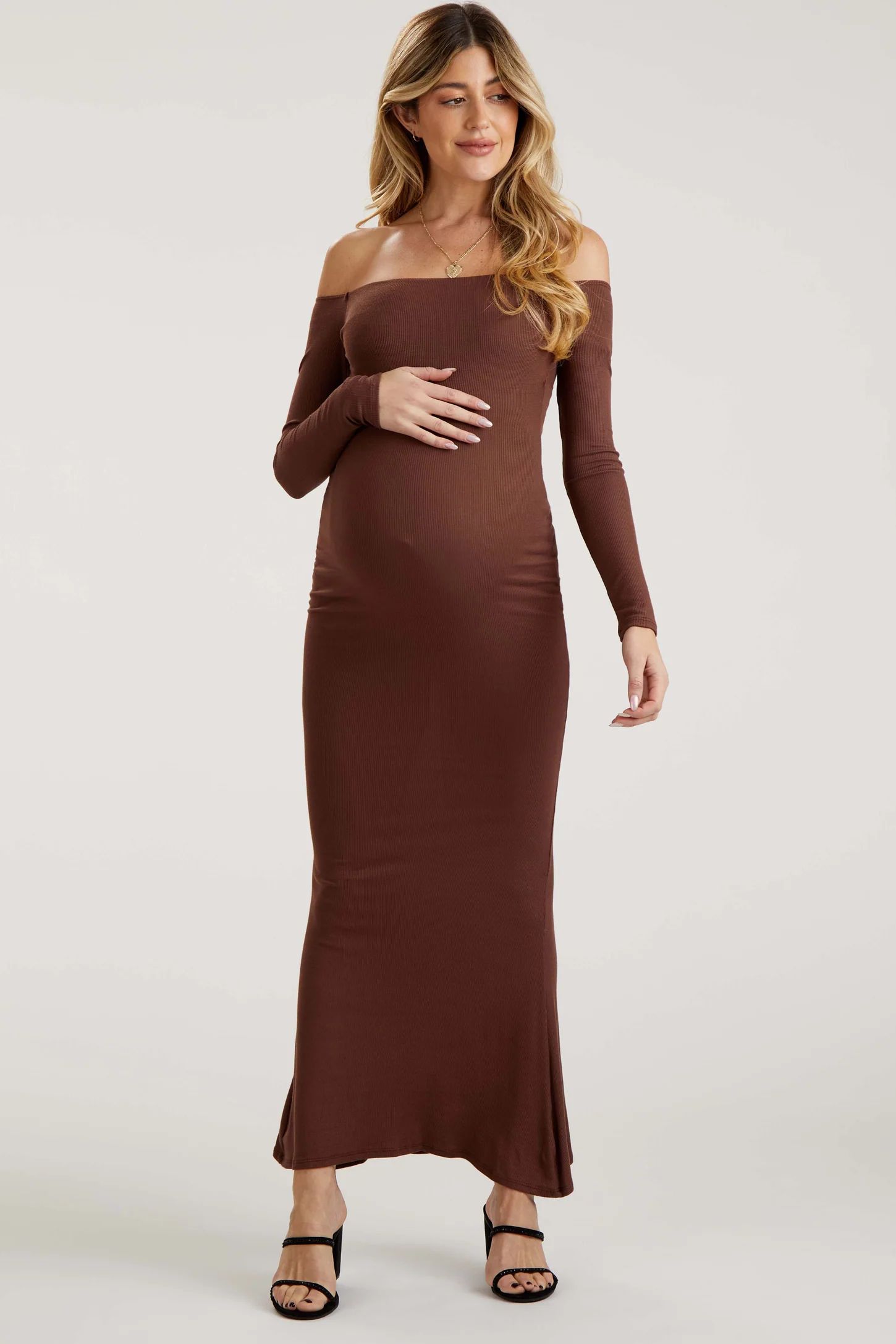 Brown Ribbed Off Shoulder Long Sleeve Maternity Maxi Dress | PinkBlush Maternity
