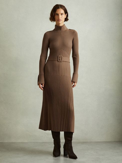 Ribbed Funnel Neck Belted Midi Dress in Mocha | Reiss US