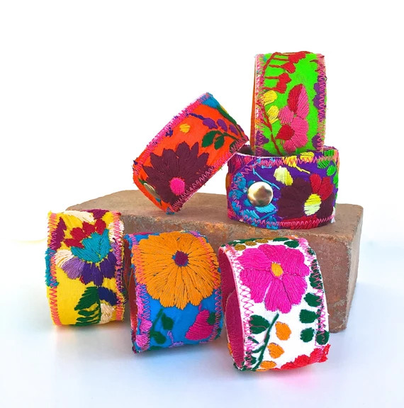 Cuff Bracelet Mexican, Mexican Dress Cuff, Embroidered Mexico Dress Puebla Snap Cuff Bracelet, Pe... | Etsy (US)