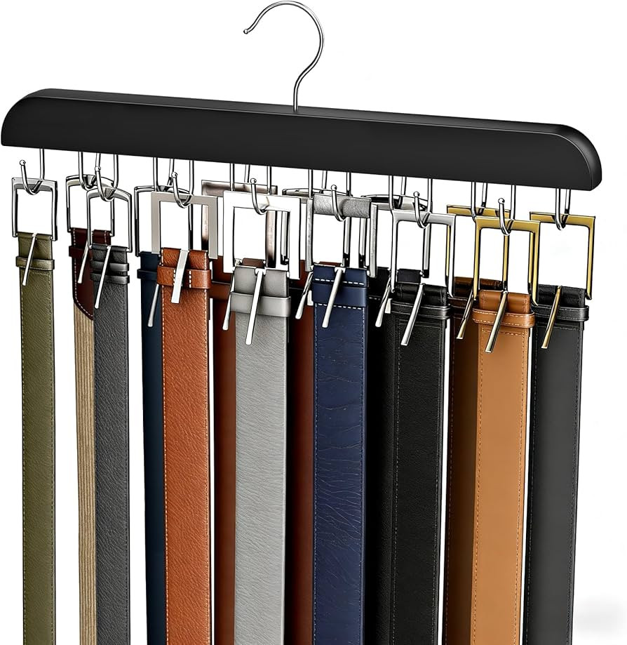 Belt Hanger for Closet Max 42 Belts, Sturdy Wood Belt Rack Closet Accessories with 14 Hooks Belt ... | Amazon (US)