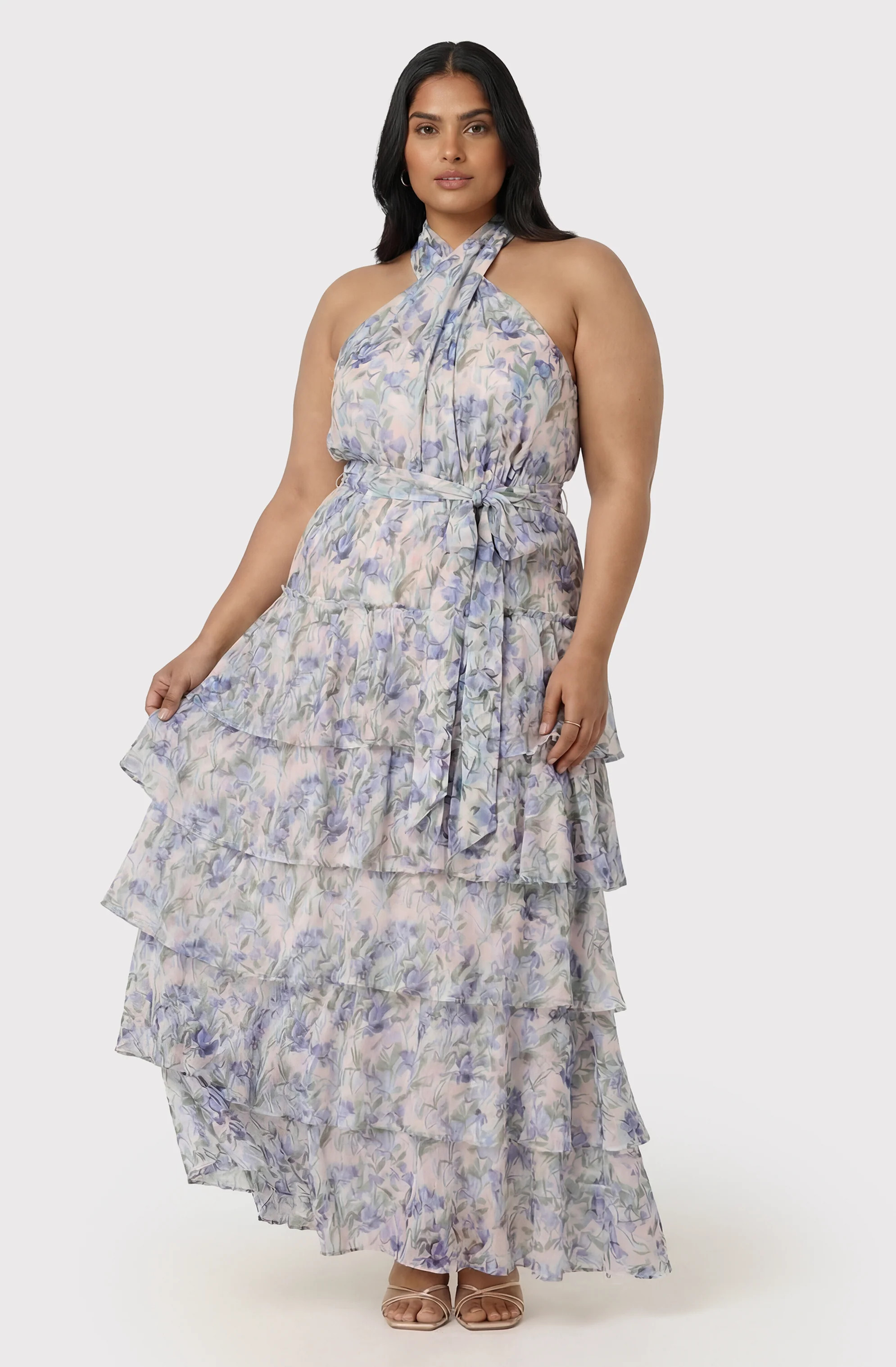 Adamaris Floral Halter Tiered Ruffle Maxi Dress - Plus Size - Blue floral / 1X | ASTR The Label (US)