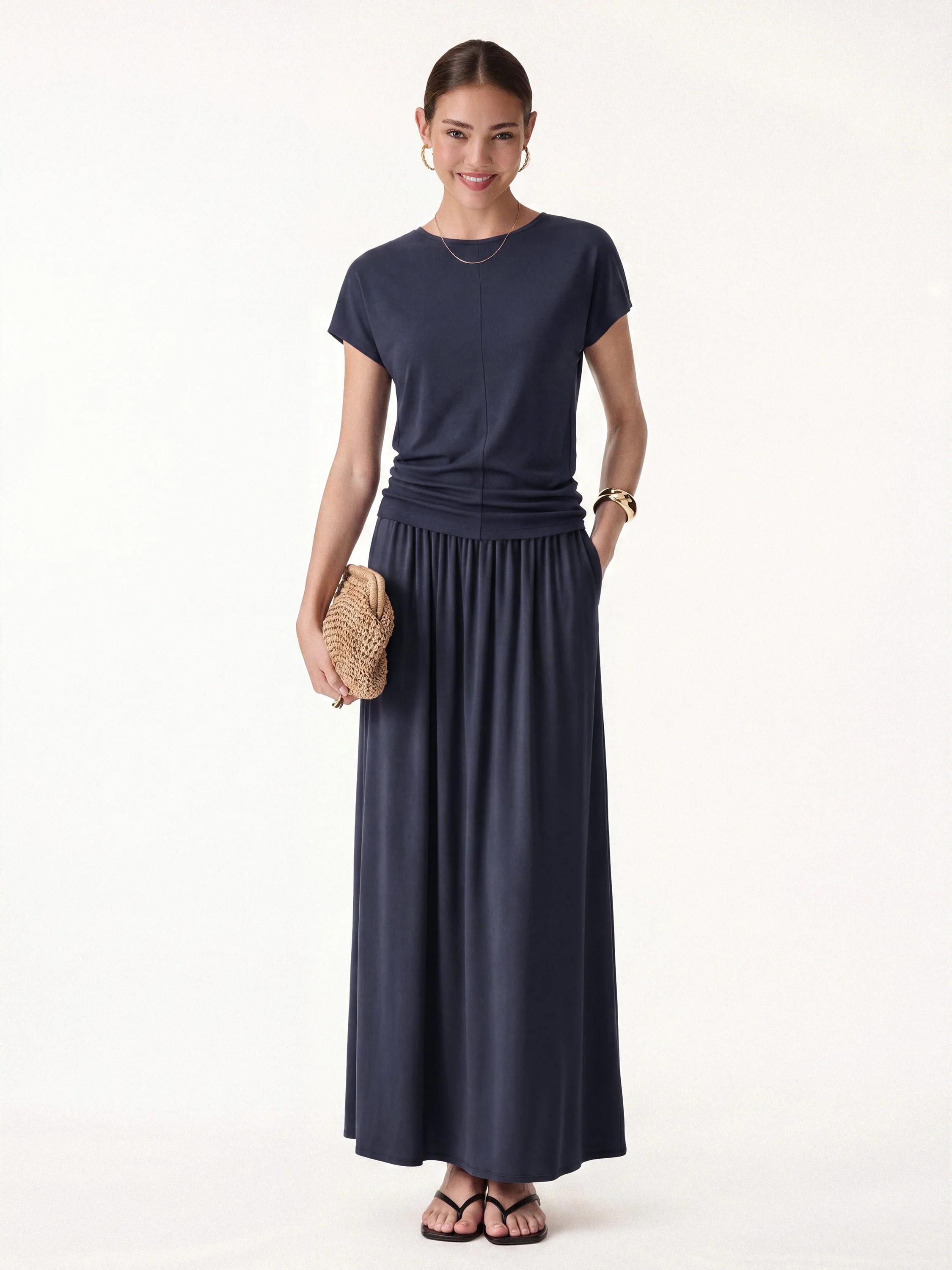 2Pcs Set Round Neck Top & A-Line Maxi Skirt with Pockets | OGLmove