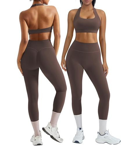 OMKAGI 2 Piece Workout Sets for Women Halter Sports Bras Gym Sets Booty Leggings Outfits (M,447-Brown) | Amazon (US)