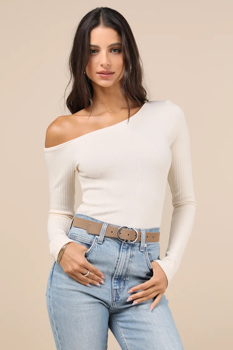 Popular Babe Ivory Ribbed Knit Asymmetrical Long Sleeve Top | Lulus