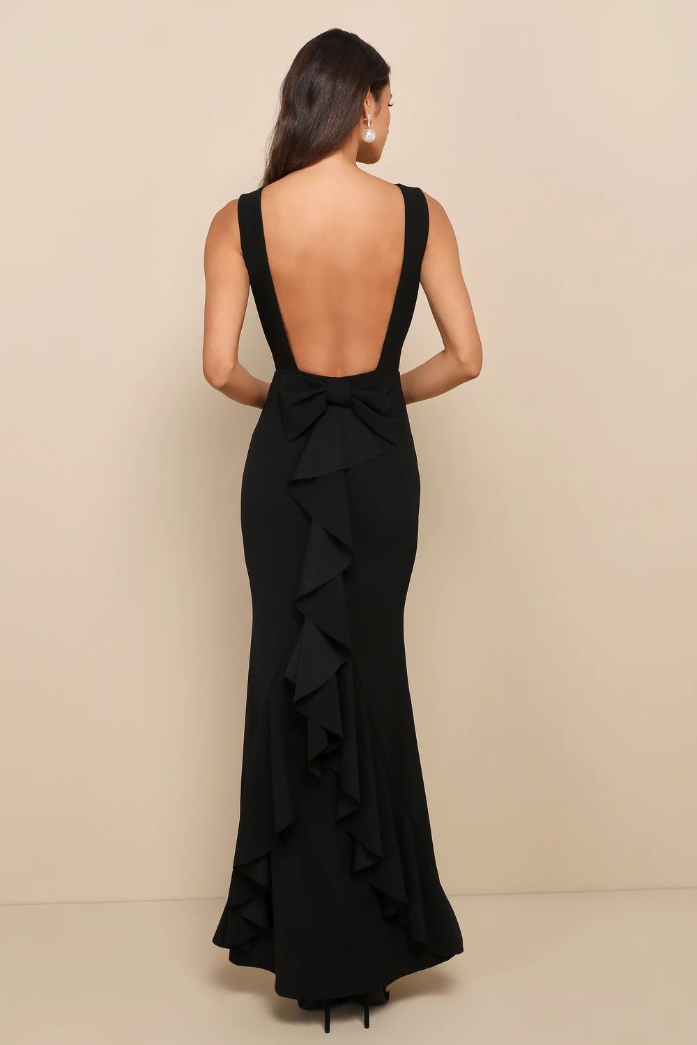 Exquisite Refinement Black Backless Bow Ruffled Maxi Dress | Lulus