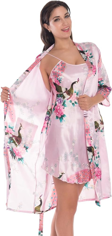 Women's Satin Nightgown with Robes Set 2 Piece Sleepwear Sexy Slip Gown Pajamas Set Silky Cami Ni... | Amazon (US)