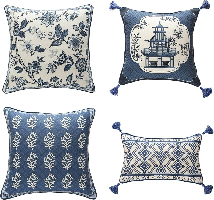 Porcelain Throw Pillow Covers Set of 4,Classic Chinoiserie Blue and White with Floral and Birds P... | Amazon (US)