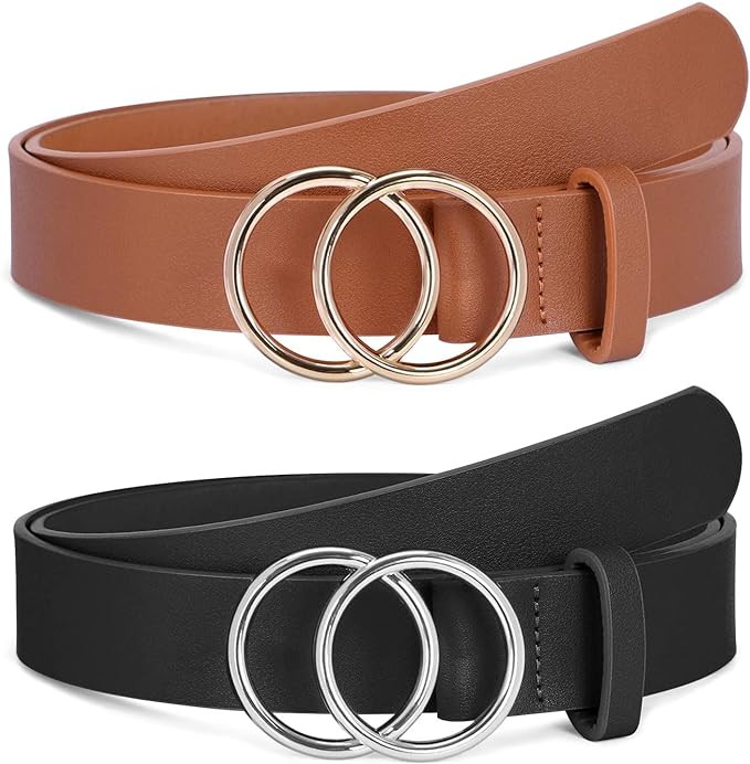 2 Pack Women Leather Belts Faux Leather Jeans Belt with Double O-Ring Buckle Size up to 53 inch | Amazon (US)