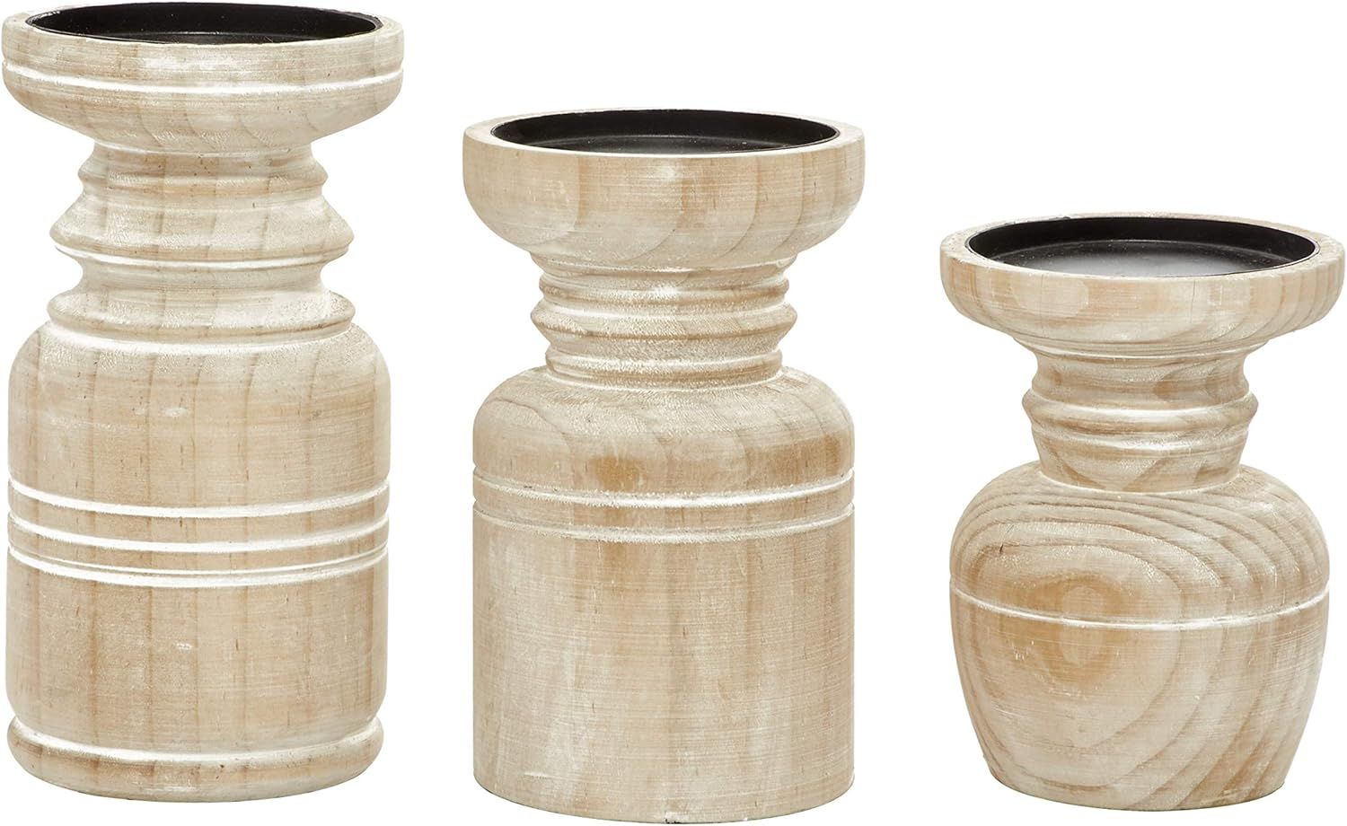 Deco 79 Wood Pillar Candle Holder with White Wash Finish, Set of 3 9", 8", 6"H, Brown | Amazon (US)