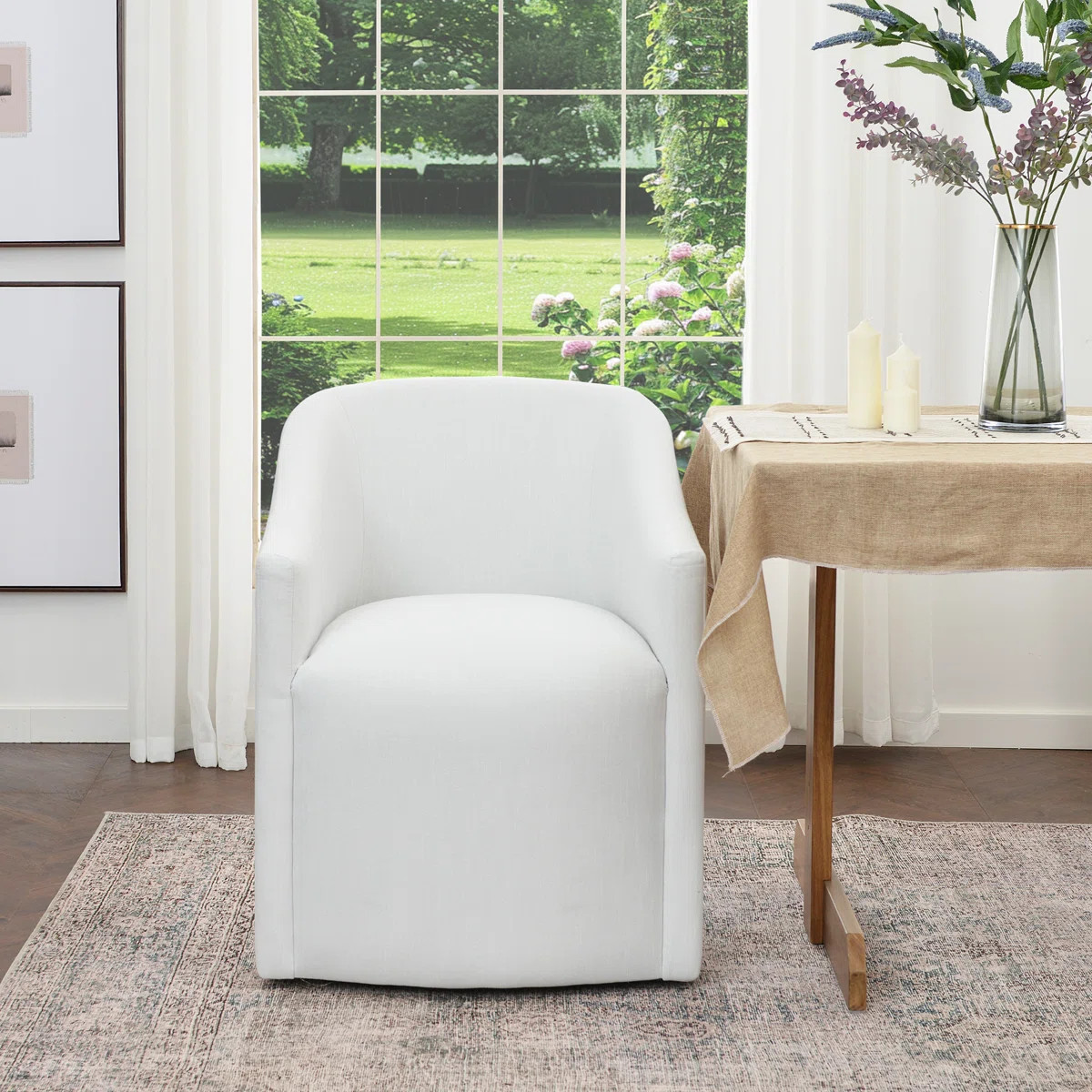 25" Wide Modern No Assembly Linen Barrel Back Upholstered Dining Armchair with Casters | Wayfair North America