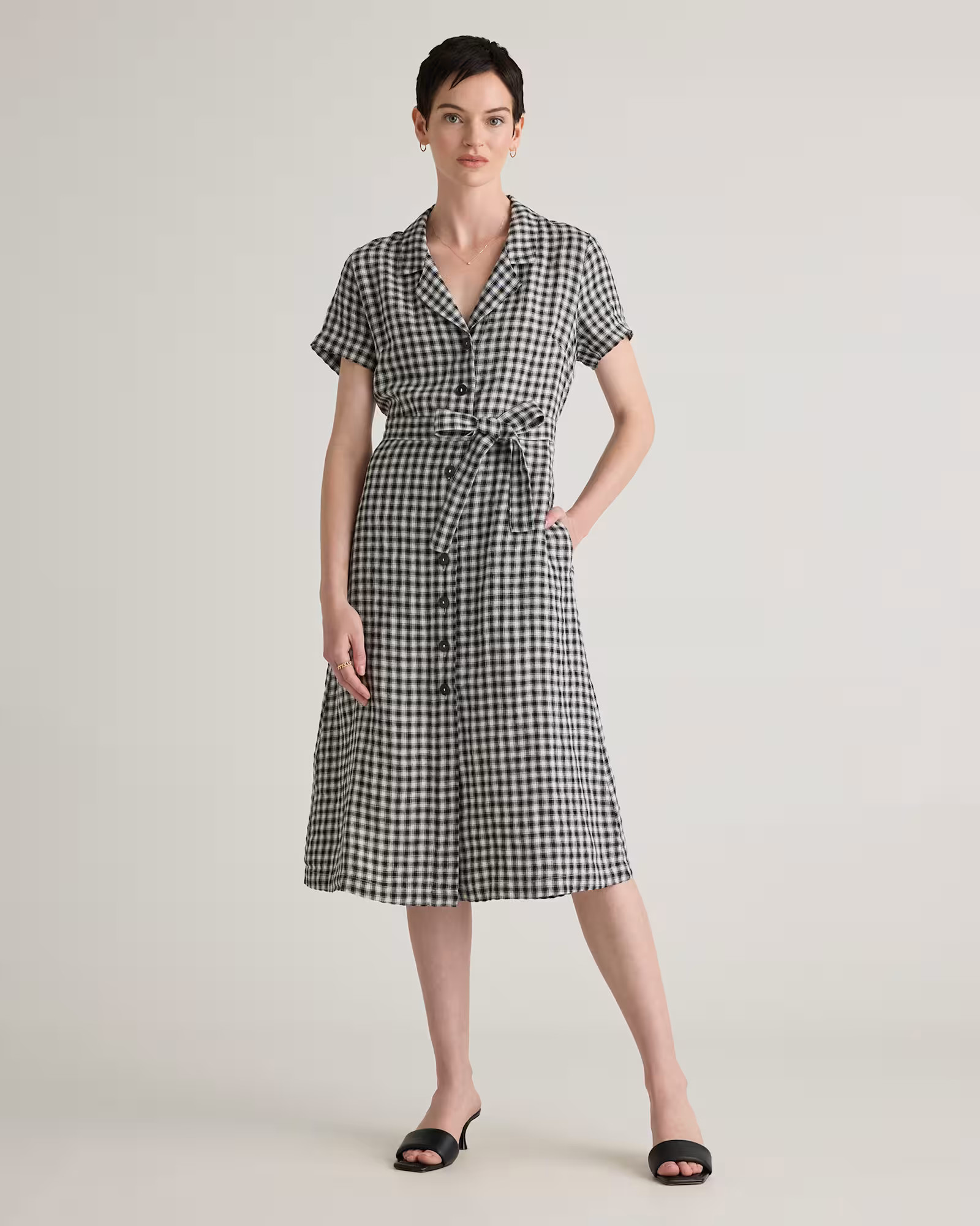100% European Linen Button Front Dress in Khaki / Black Gingham | Quince