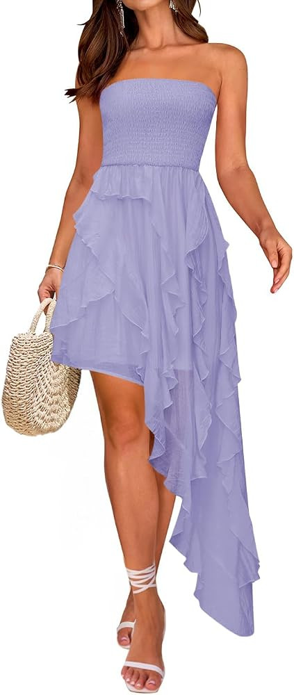 ZESICA Women's 2025 Summer Strapless Mini Dress Off Shoulder Smocked Tiered Ruffle Beach Vacation... | Amazon (US)