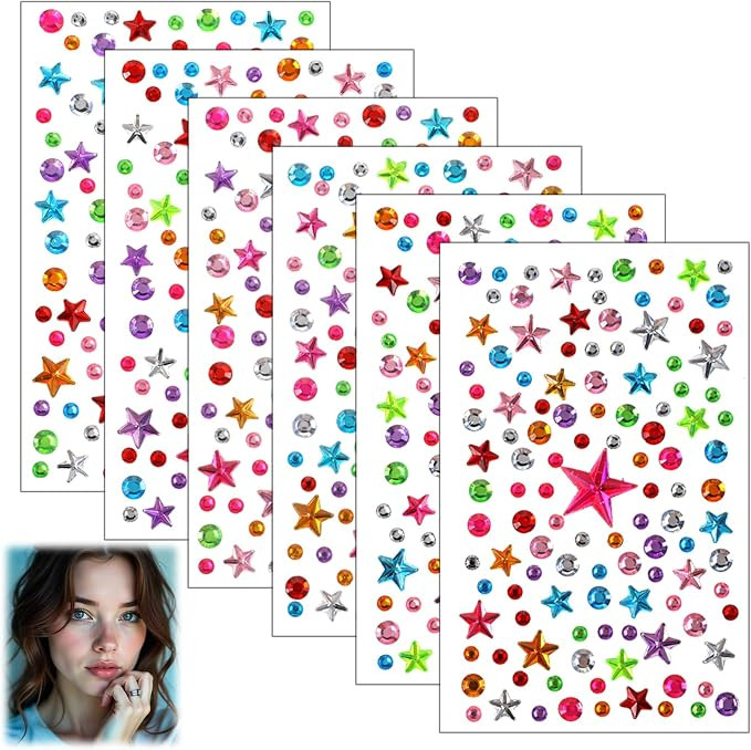 6 Sheets Gems Stickers, Self-Adhesive Face Gems Cute Scrapbook Stickers Star Rhinestones Jewel St... | Amazon (US)