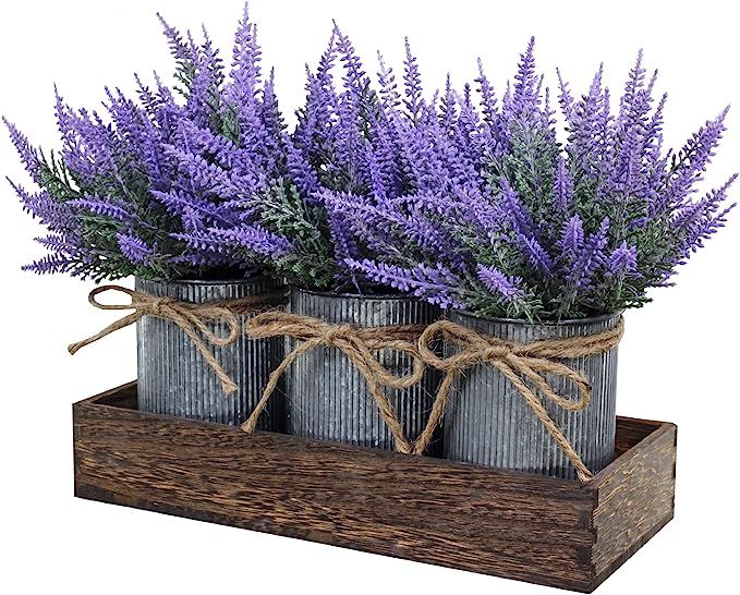 Set of 3 Small Potted Plants Arrangement Artificial Lavender Flower Plants in Rustic Galvanized M... | Amazon (US)
