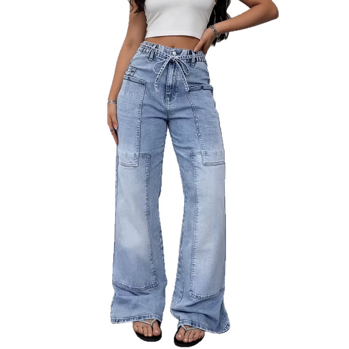 Women's Wide Leg Jeans High Waisted Baggy Cargo Denim Paperbag Drawstring Light Wash Pants Blue M | Target