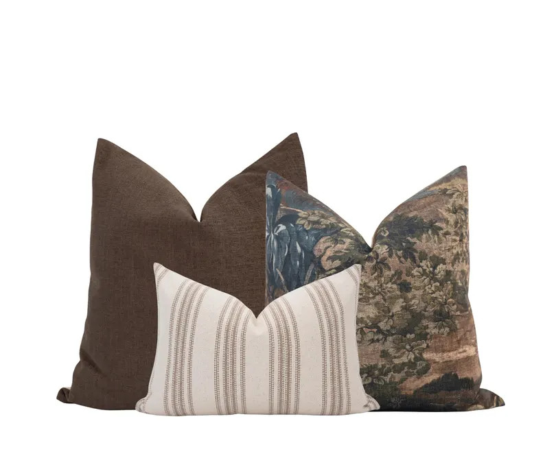 Brown Pillow Cover Set Warm Neutral Pillow Set Block Print Pillow Combo Modern Farmhouse Cottage ... | Etsy (Global)